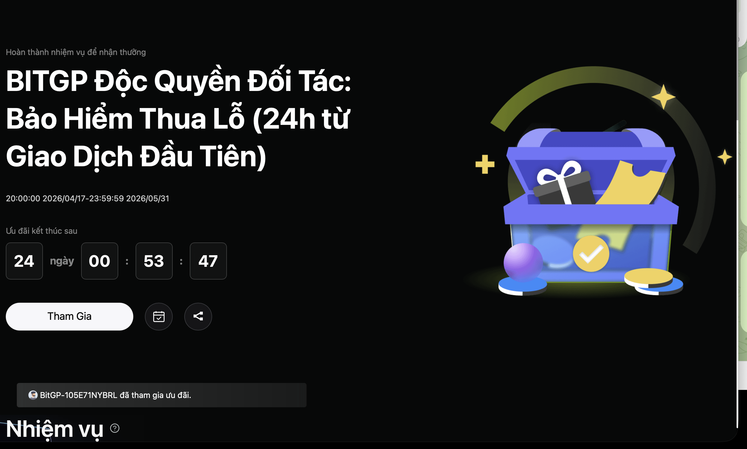 BITGP Độc Quyền: Bảo Hiểm Thua Lỗ (24h từ Giao Dịch Đầu Tiên)